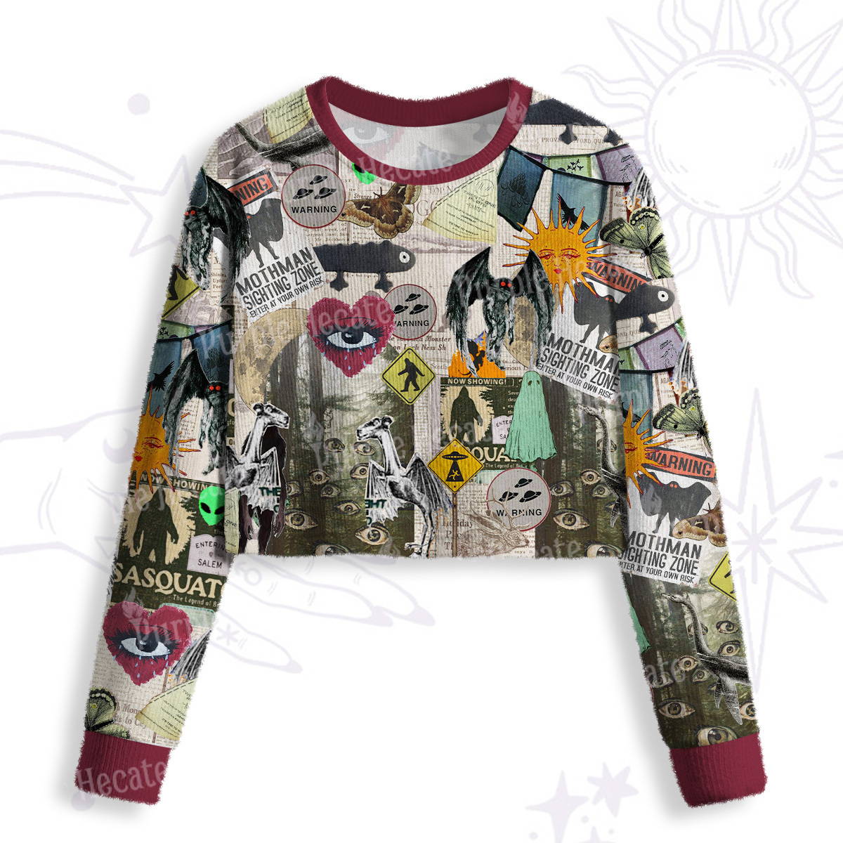 Purplehecate Cryptid Warning Collage Crop Fuzzy Ugly Sweatshirt