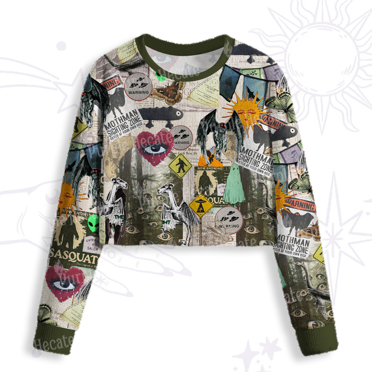 Purplehecate Cryptid Warning Collage Crop Fuzzy Ugly Sweatshirt
