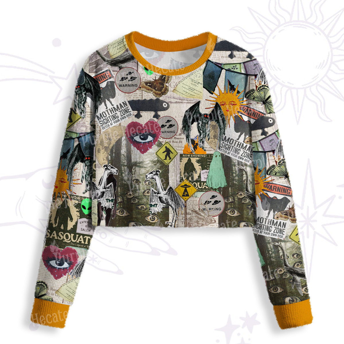 Purplehecate Cryptid Warning Collage Crop Fuzzy Ugly Sweatshirt