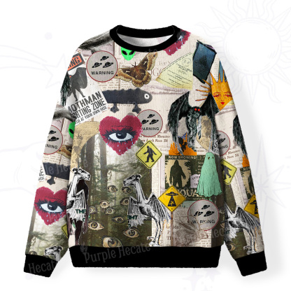 Purplehecate Cryptid Warning Collage Fuzzy Ugly Sweatshirt
