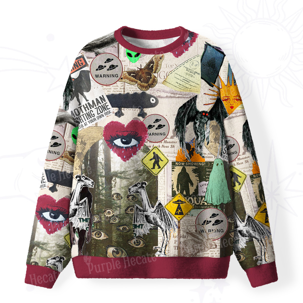 Purplehecate Cryptid Warning Collage Fuzzy Ugly Sweatshirt