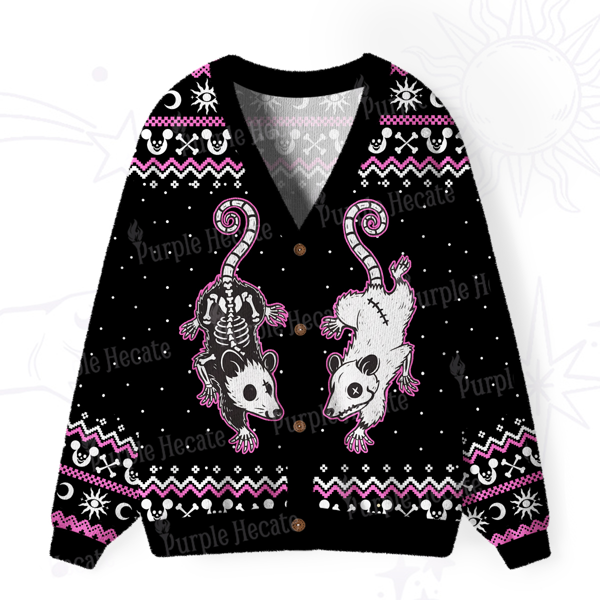 Purplehecate Whimsical Cat and Yarn Ugly Cardigan Sweaters