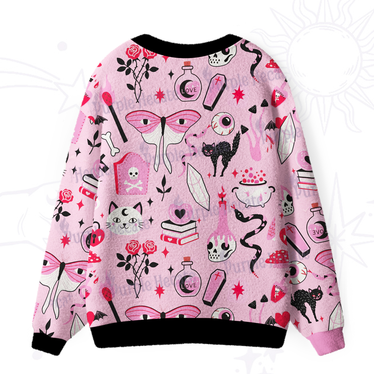 Purplehecate Black Cat Witchy Pink Ugly Cardigan Sweaters