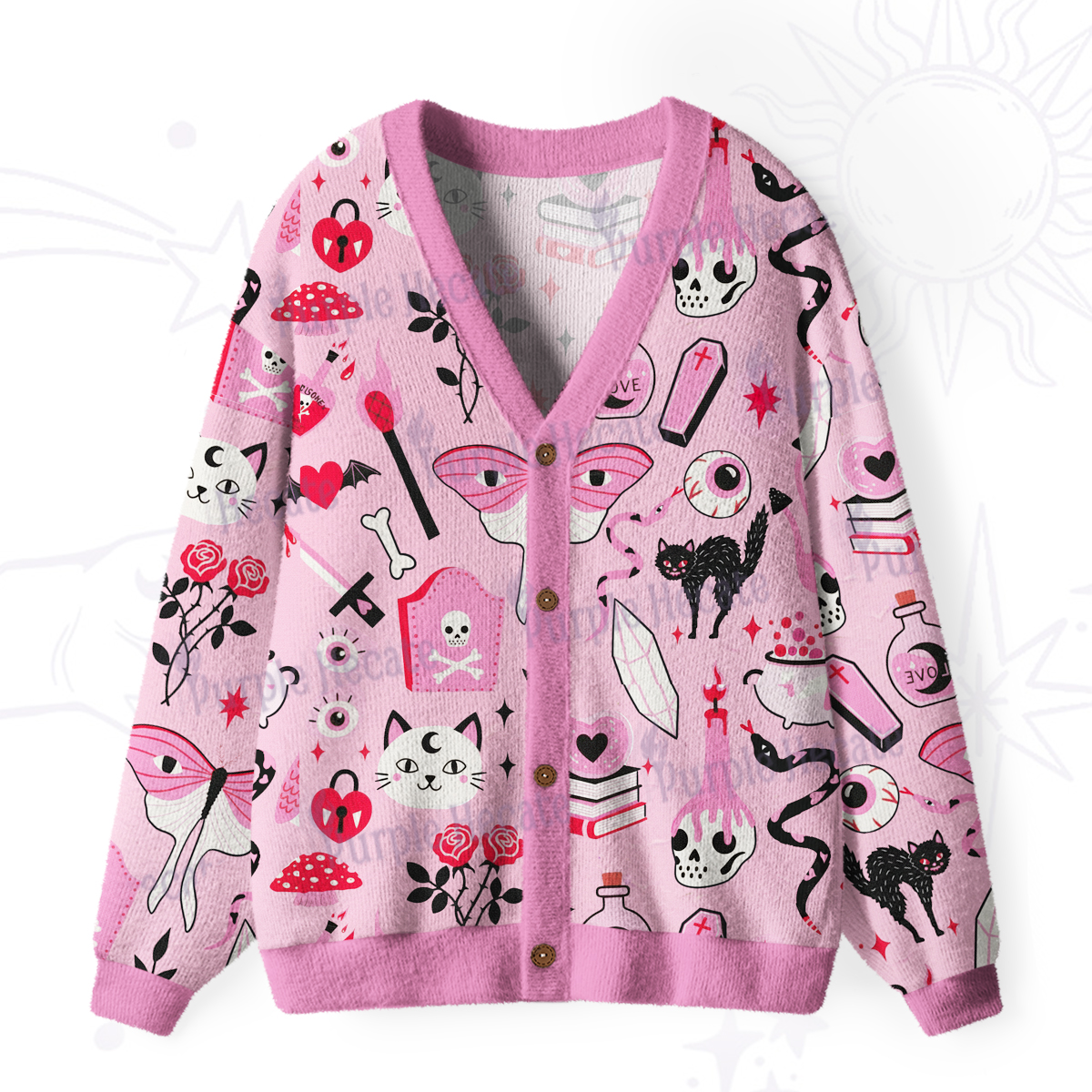 Purplehecate Black Cat Witchy Pink Ugly Cardigan Sweaters