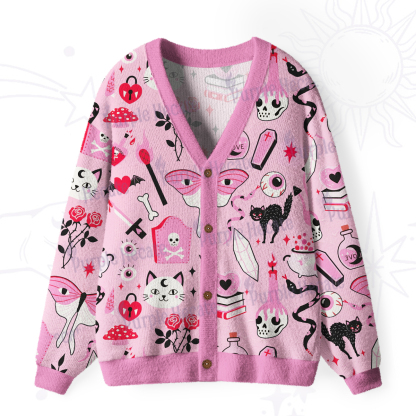 Purplehecate Black Cat Witchy Pink Ugly Cardigan Sweaters
