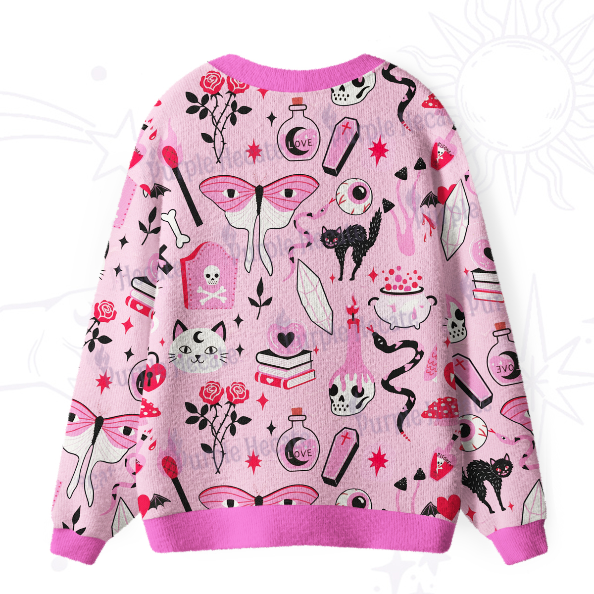 Purplehecate Black Cat Witchy Pink Ugly Cardigan Sweaters
