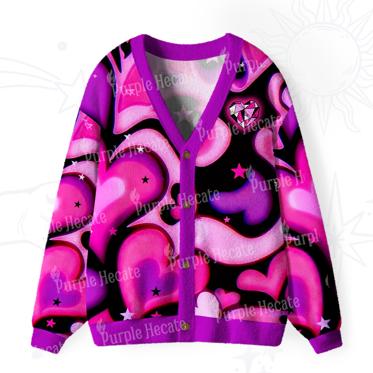 Purplehecate Cosmic Hearts and Stars Ugly Cardigan Sweaters