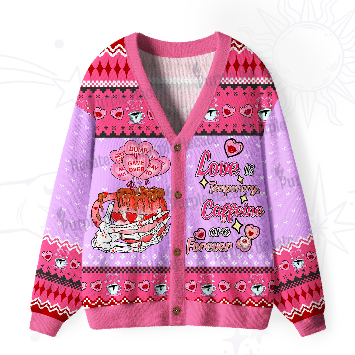 Purplehecate Purplehecate Love is Temporary, Caffeine are Forever Ugly Cardigan Sweaters