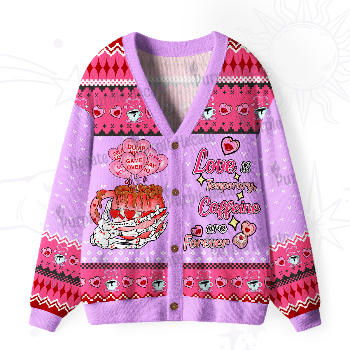Purplehecate Purplehecate Love is Temporary, Caffeine are Forever Ugly Cardigan Sweaters