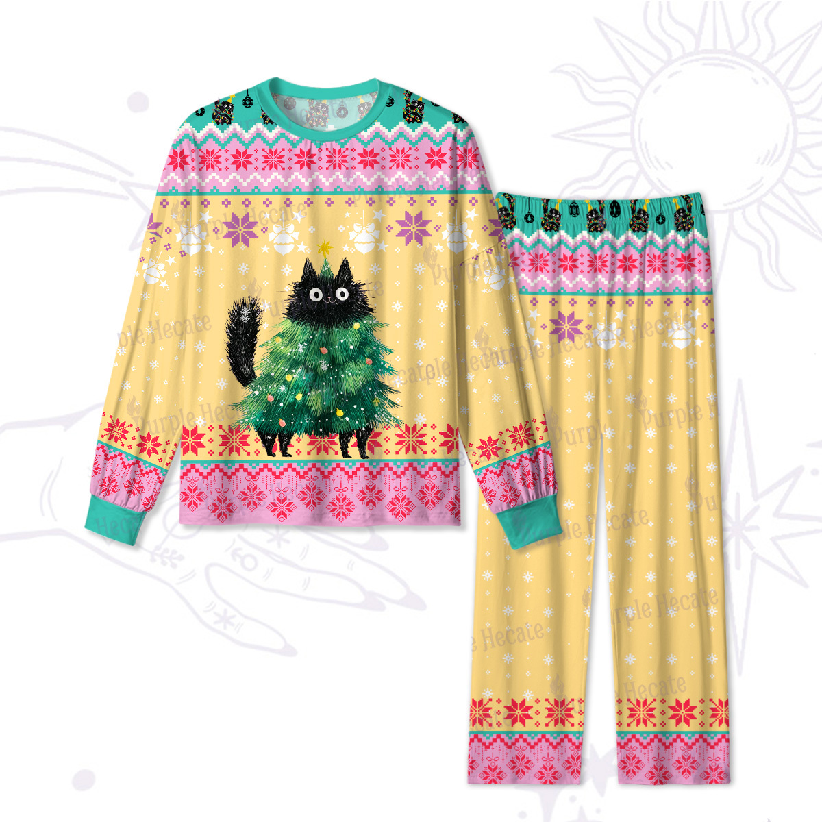 Purplehecate Funny Black Cat in Tree Christmas Pajamas
