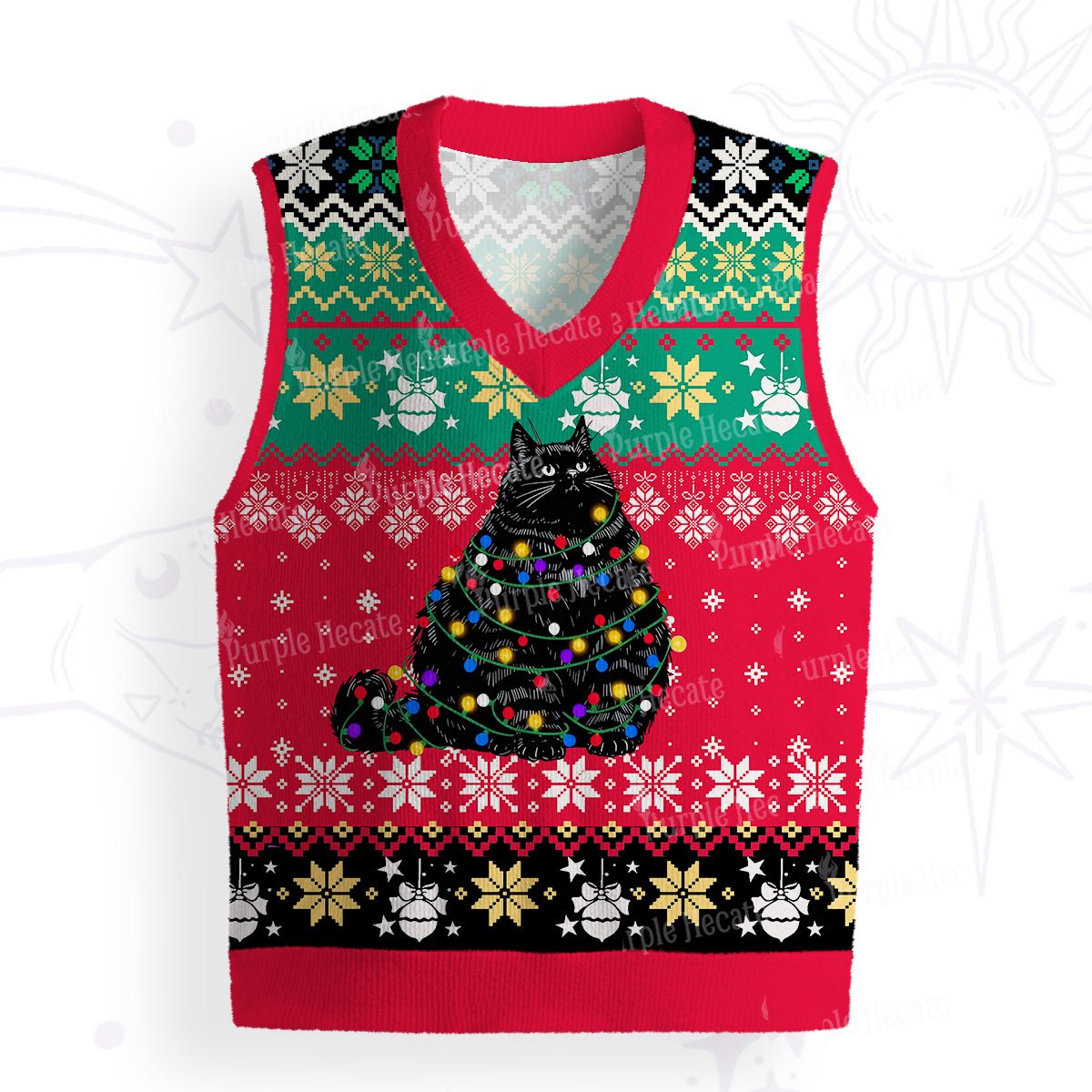 Purplehecate Black Cat in Christmas Lights Ugly Sweater Vest