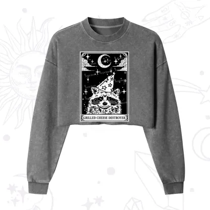 Purplehecate The Grilled Cheese Destroyer Tarot Raccoon Cropped Washed Sweatshirt