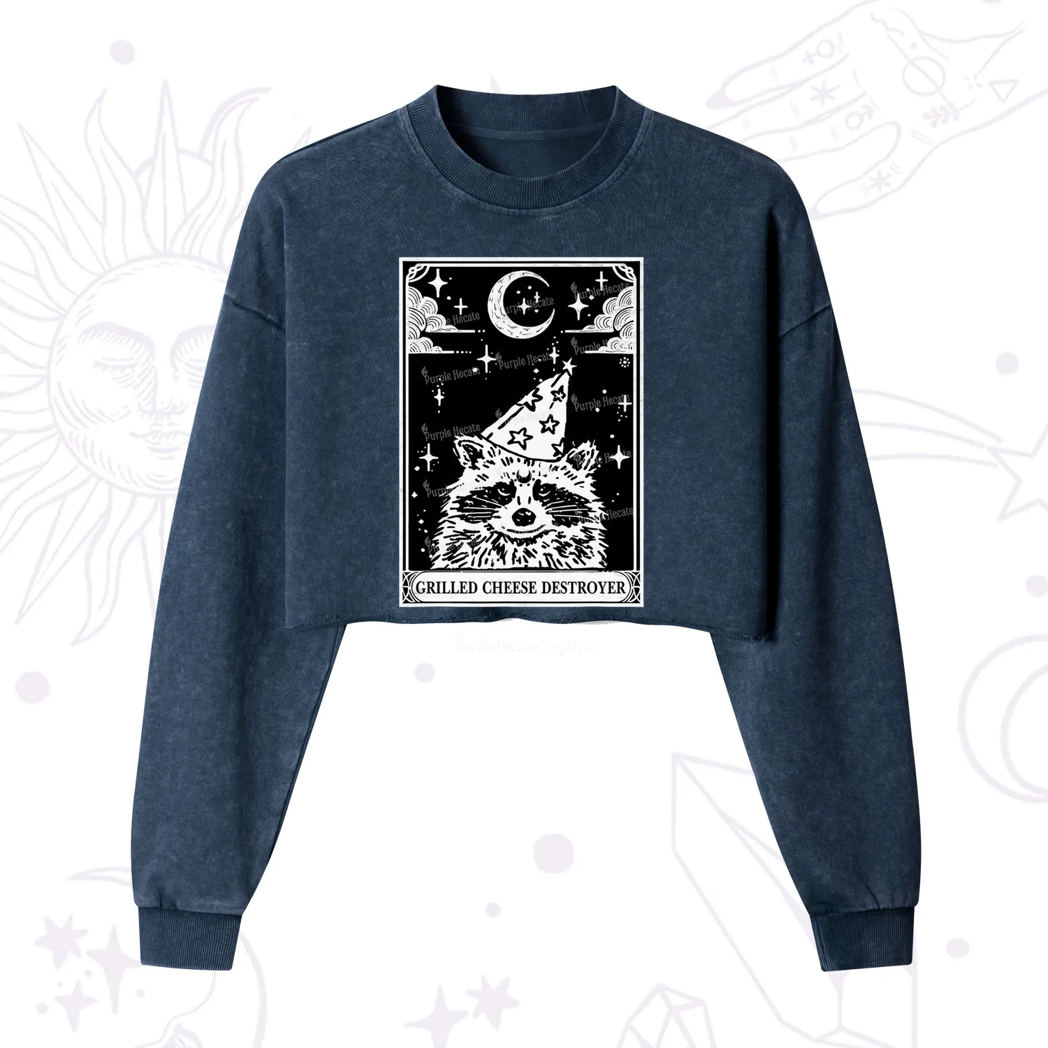 Purplehecate The Grilled Cheese Destroyer Tarot Raccoon Cropped Washed Sweatshirt