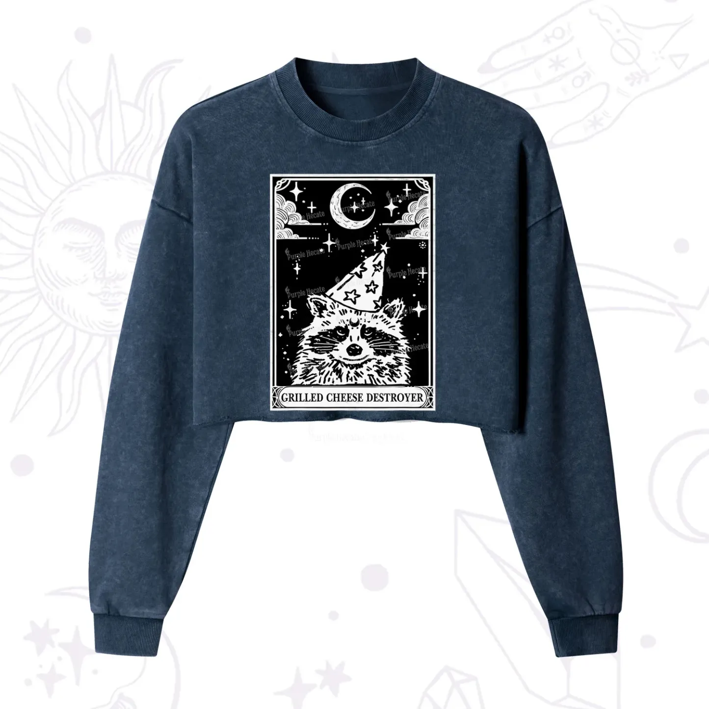 Purplehecate The Grilled Cheese Destroyer Tarot Raccoon Cropped Washed Sweatshirt