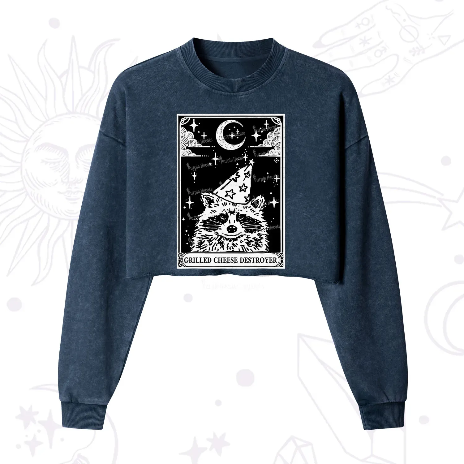 Purplehecate The Grilled Cheese Destroyer Tarot Raccoon Cropped Washed Sweatshirt
