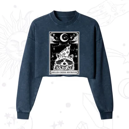 Purplehecate The Grilled Cheese Destroyer Tarot Raccoon Cropped Washed Sweatshirt