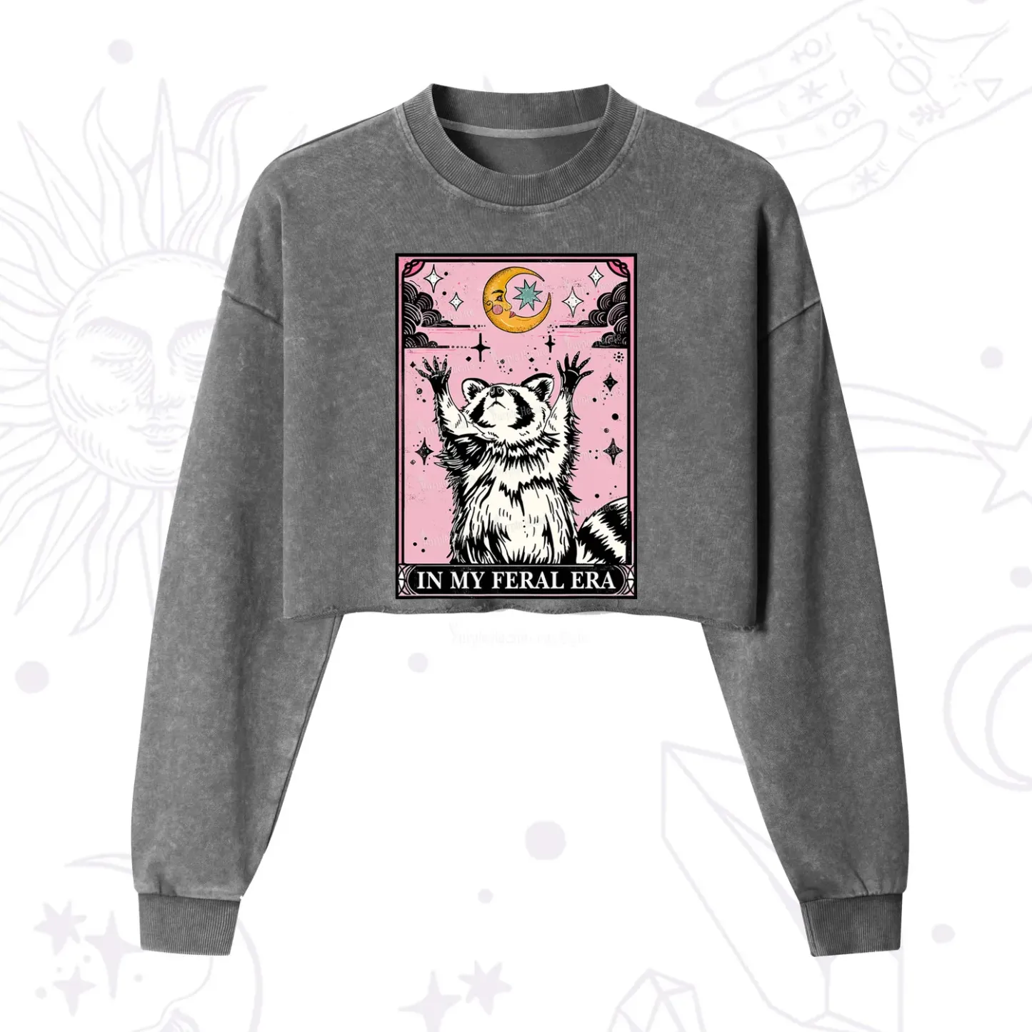 Purplehecate The In My Feral Era Tarot Raccoon Cropped Washed Sweatshirt