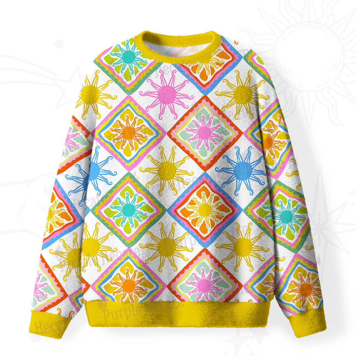 Purplehecate Colorful Sunshine Patchwork Fuzzy Ugly Sweatshirt