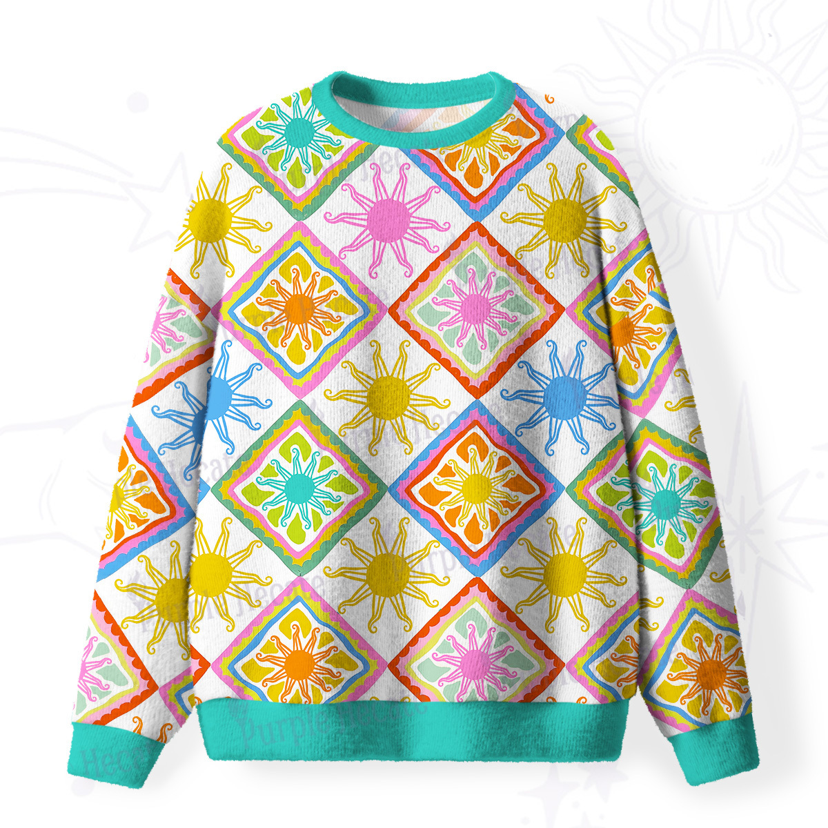 Purplehecate Colorful Sunshine Patchwork Fuzzy Ugly Sweatshirt