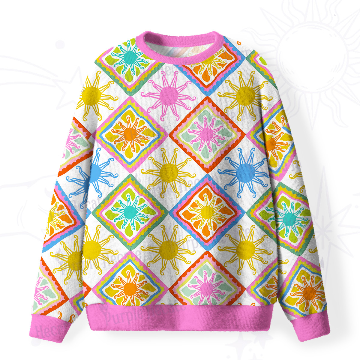 Purplehecate Colorful Sunshine Patchwork Fuzzy Ugly Sweatshirt