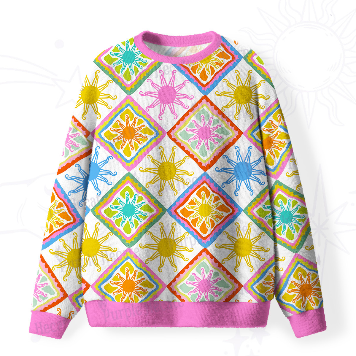 Purplehecate Colorful Sunshine Patchwork Fuzzy Ugly Sweatshirt