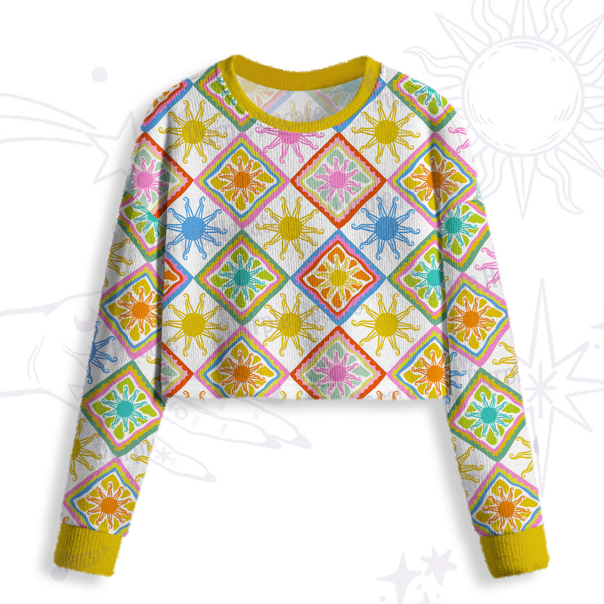 Purplehecate Colorful Sunshine Patchwork Crop Fuzzy Ugly Sweatshirt