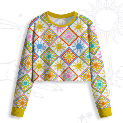 Purplehecate Colorful Sunshine Patchwork Crop Fuzzy Ugly Sweatshirt