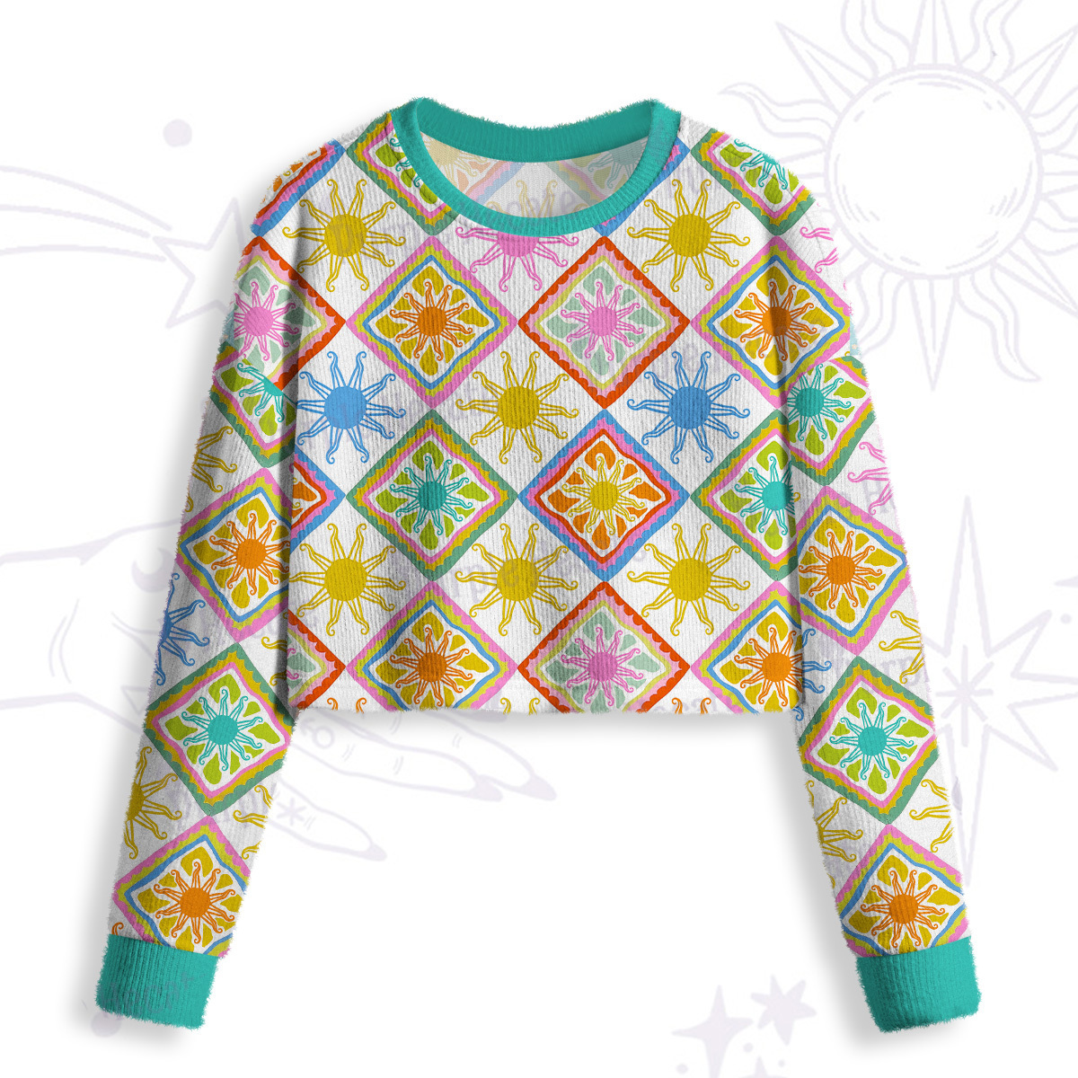Purplehecate Colorful Sunshine Patchwork Crop Fuzzy Ugly Sweatshirt