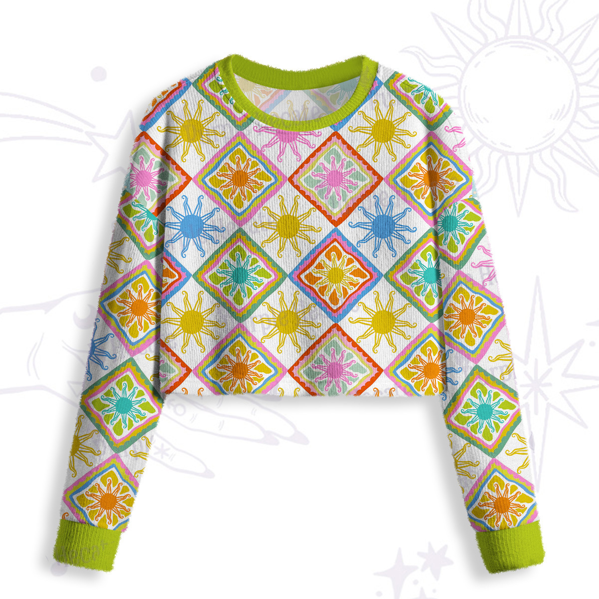 Purplehecate Colorful Sunshine Patchwork Crop Fuzzy Ugly Sweatshirt