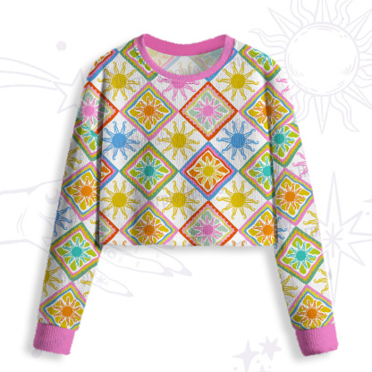 Purplehecate Colorful Sunshine Patchwork Crop Fuzzy Ugly Sweatshirt