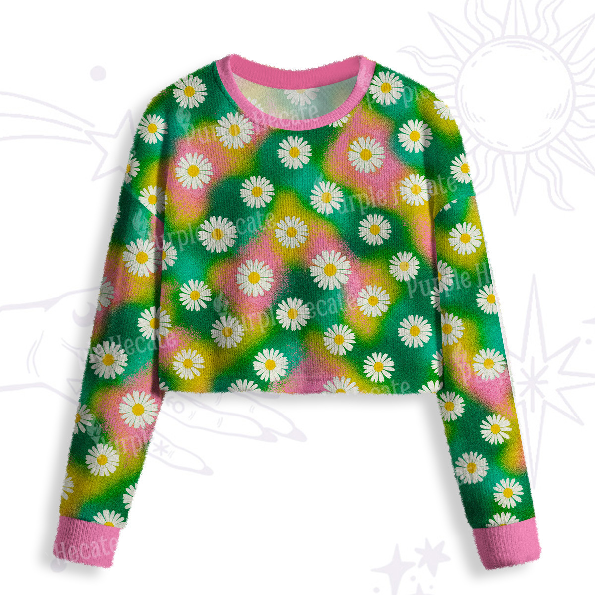 Purplehecate Enchanted Daisy Spring Romance Crop Fuzzy Ugly Sweatshirt