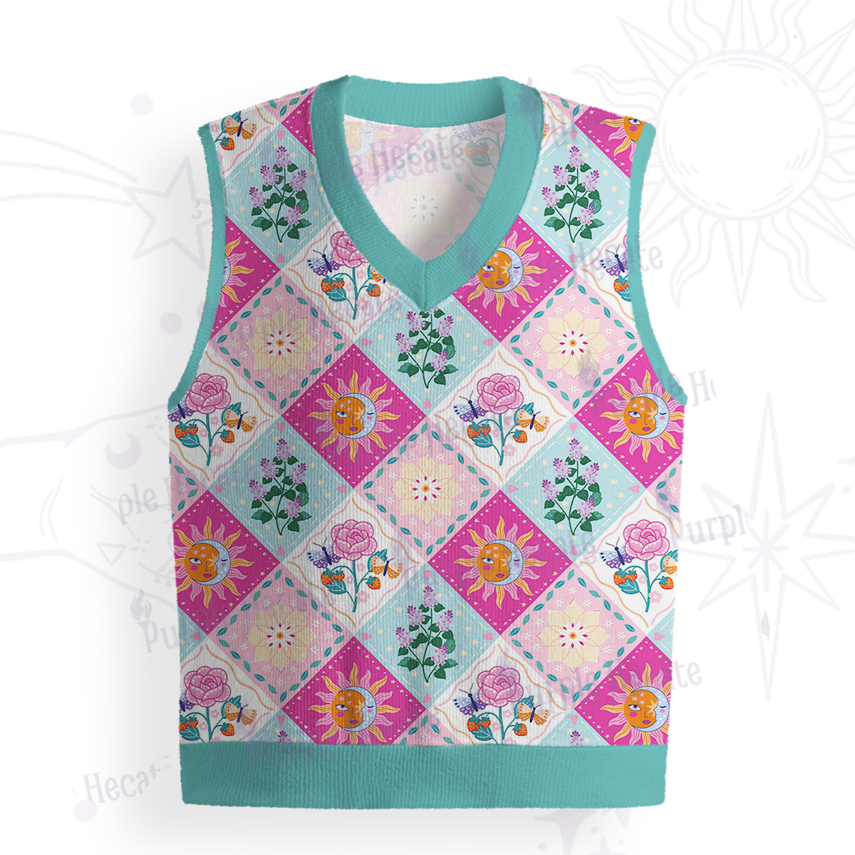 Purplehecate Celestial Sun & Moon Patchwork Ugly Sweater Vest