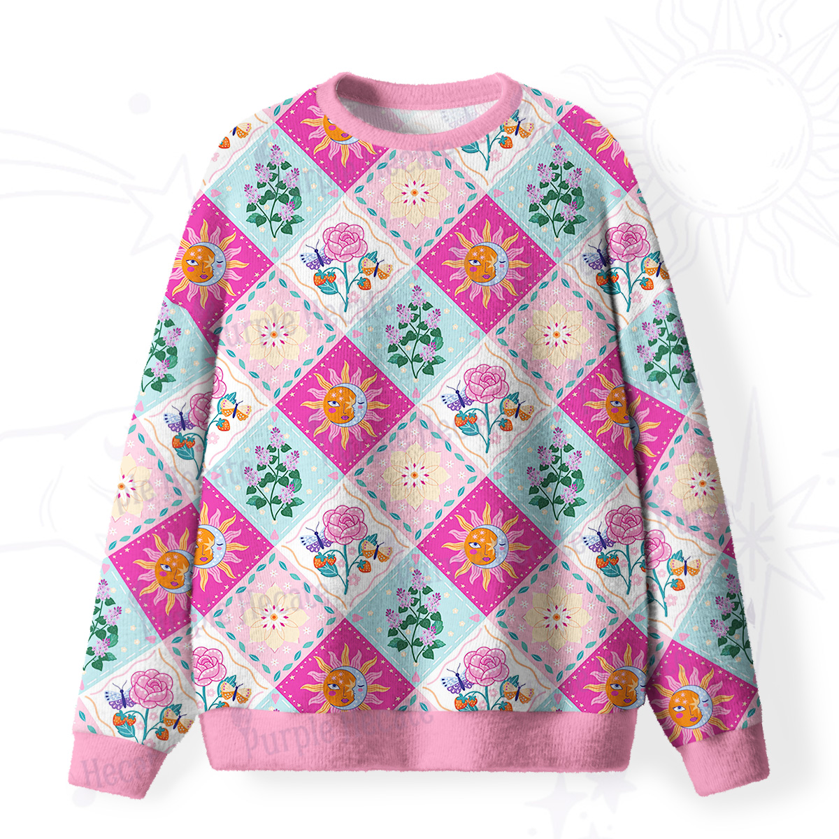 Purplehecate Celestial Sun & Moon Patchwork Fuzzy Ugly Sweatshirt