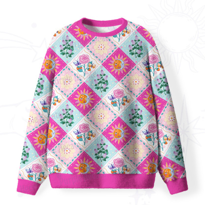 Purplehecate Celestial Sun & Moon Patchwork Fuzzy Ugly Sweatshirt