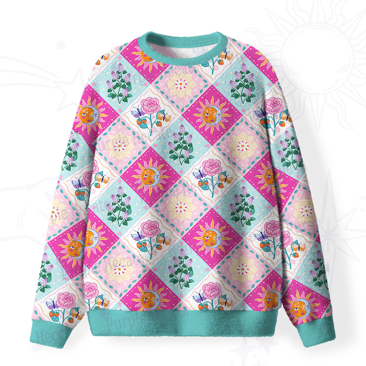 Purplehecate Celestial Sun & Moon Patchwork Fuzzy Ugly Sweatshirt