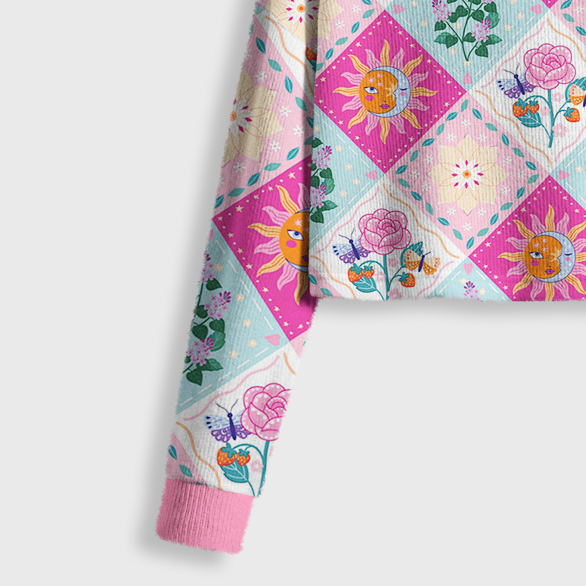 Purplehecate Celestial Sun & Moon Patchwork Crop Fuzzy Ugly Sweatshirt