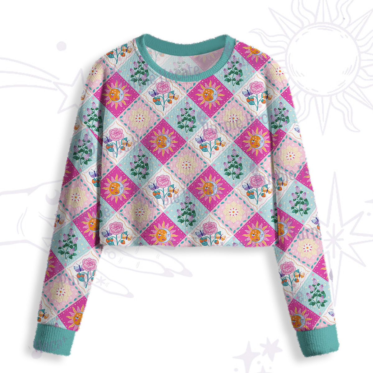 Purplehecate Celestial Sun & Moon Patchwork Crop Fuzzy Ugly Sweatshirt