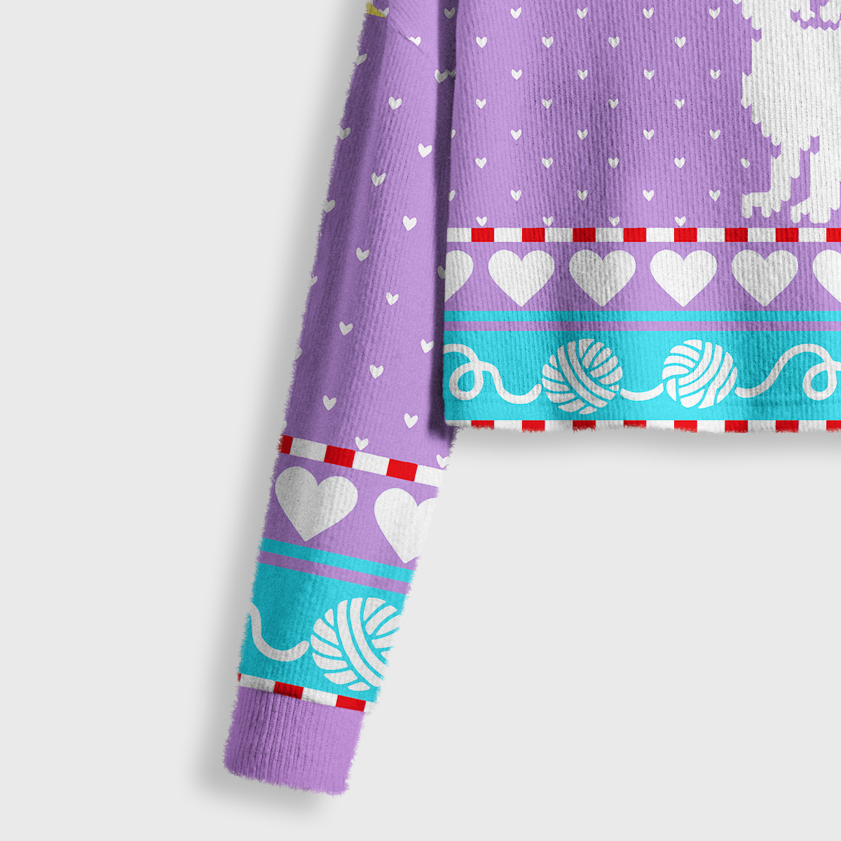 Purplehecate Whimsical Cat and Yarn Crop Fuzzy Ugly Sweatshirt