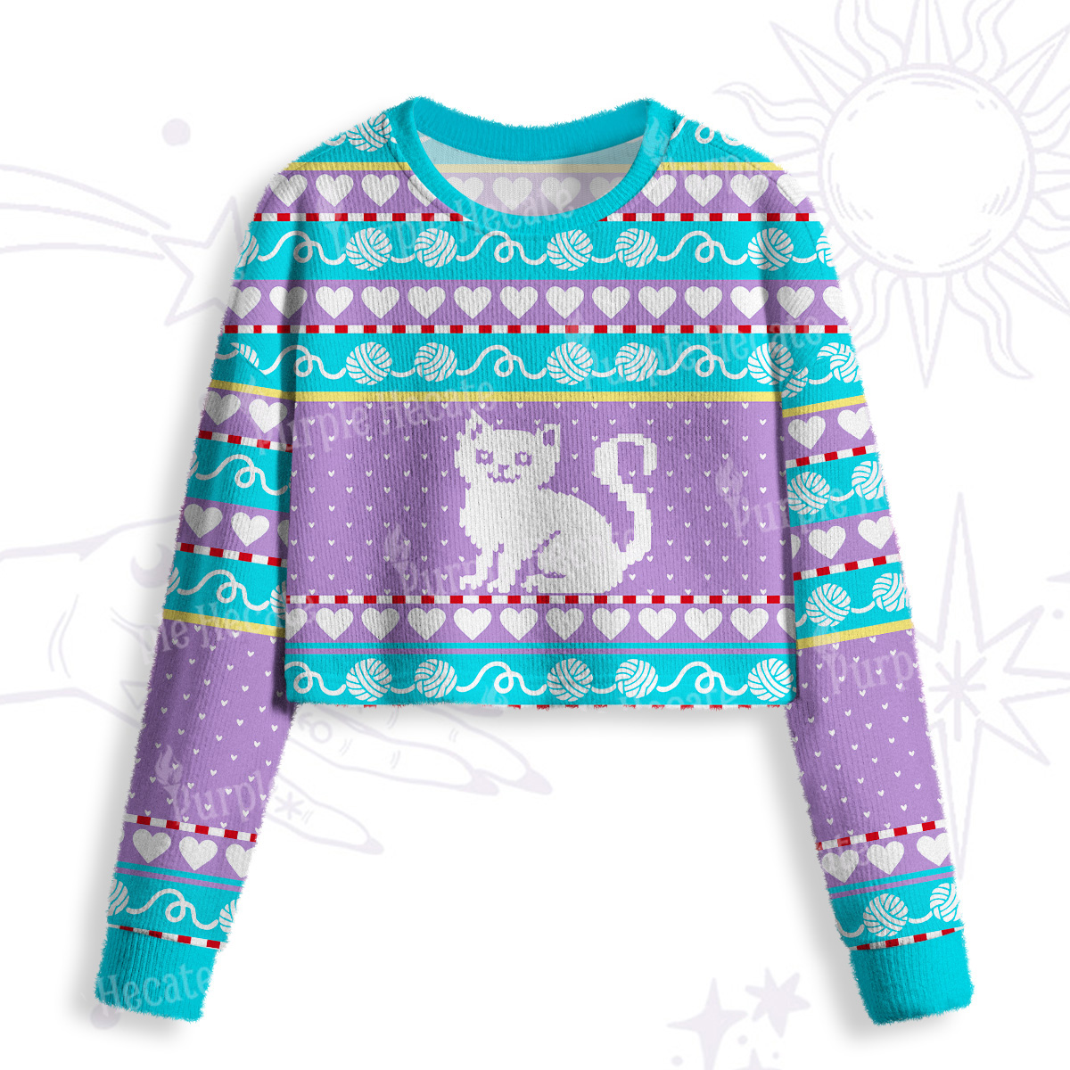 Purplehecate Whimsical Cat and Yarn Crop Fuzzy Ugly Sweatshirt