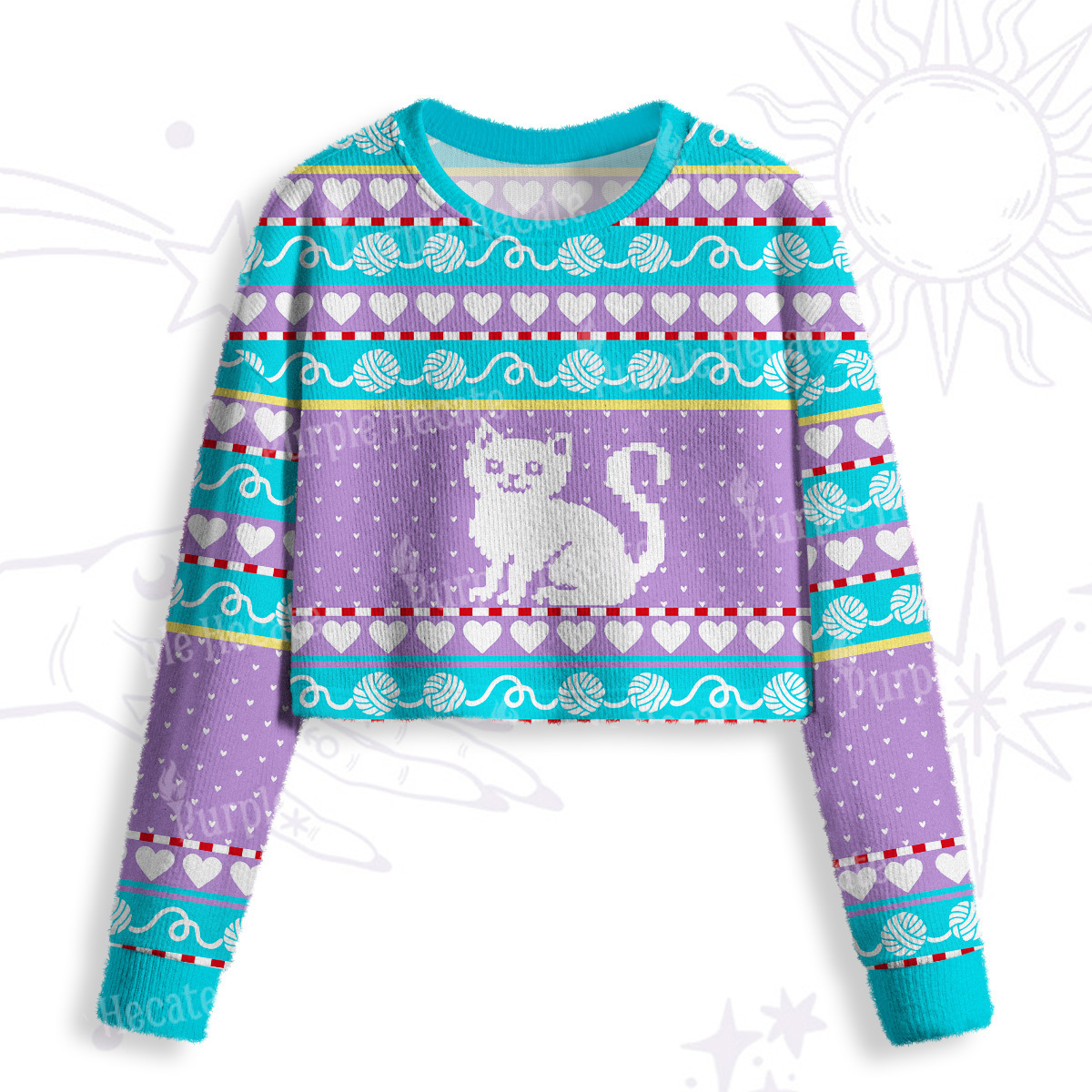 Purplehecate Whimsical Cat and Yarn Crop Fuzzy Ugly Sweatshirt