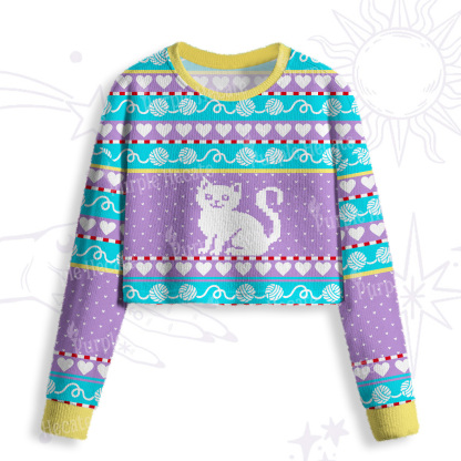 Purplehecate Whimsical Cat and Yarn Crop Fuzzy Ugly Sweatshirt