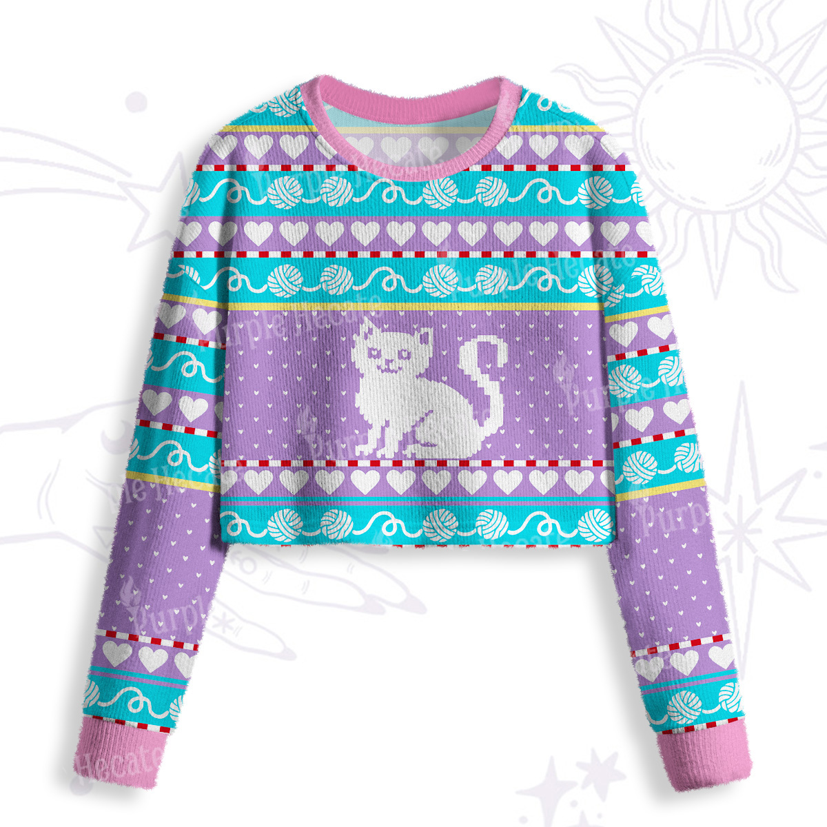 Purplehecate Whimsical Cat and Yarn Crop Fuzzy Ugly Sweatshirt