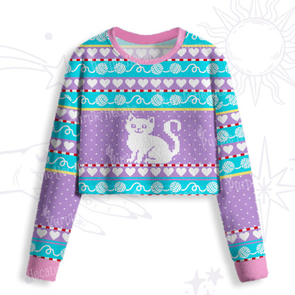 Purplehecate Whimsical Cat and Yarn Crop Fuzzy Ugly Sweatshirt