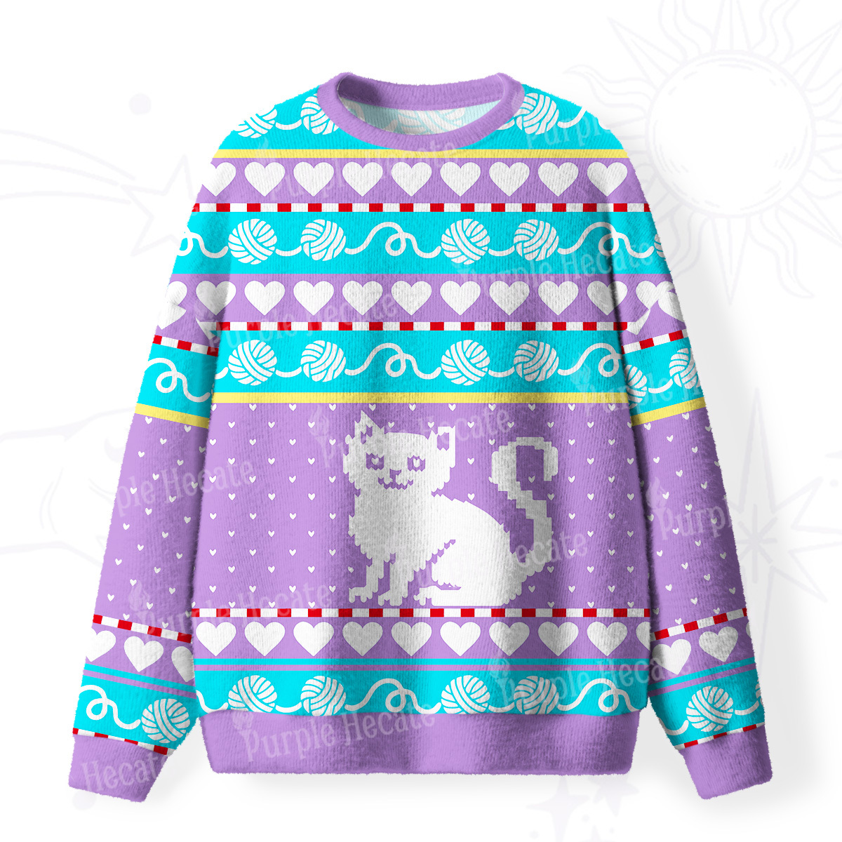 Purplehecate Whimsical Cat and Yarn Fuzzy Ugly Sweatshirt