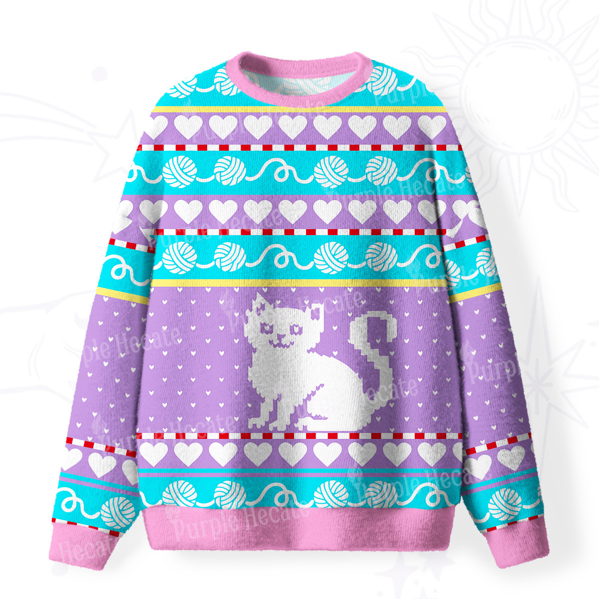 Purplehecate Whimsical Cat and Yarn Fuzzy Ugly Sweatshirt