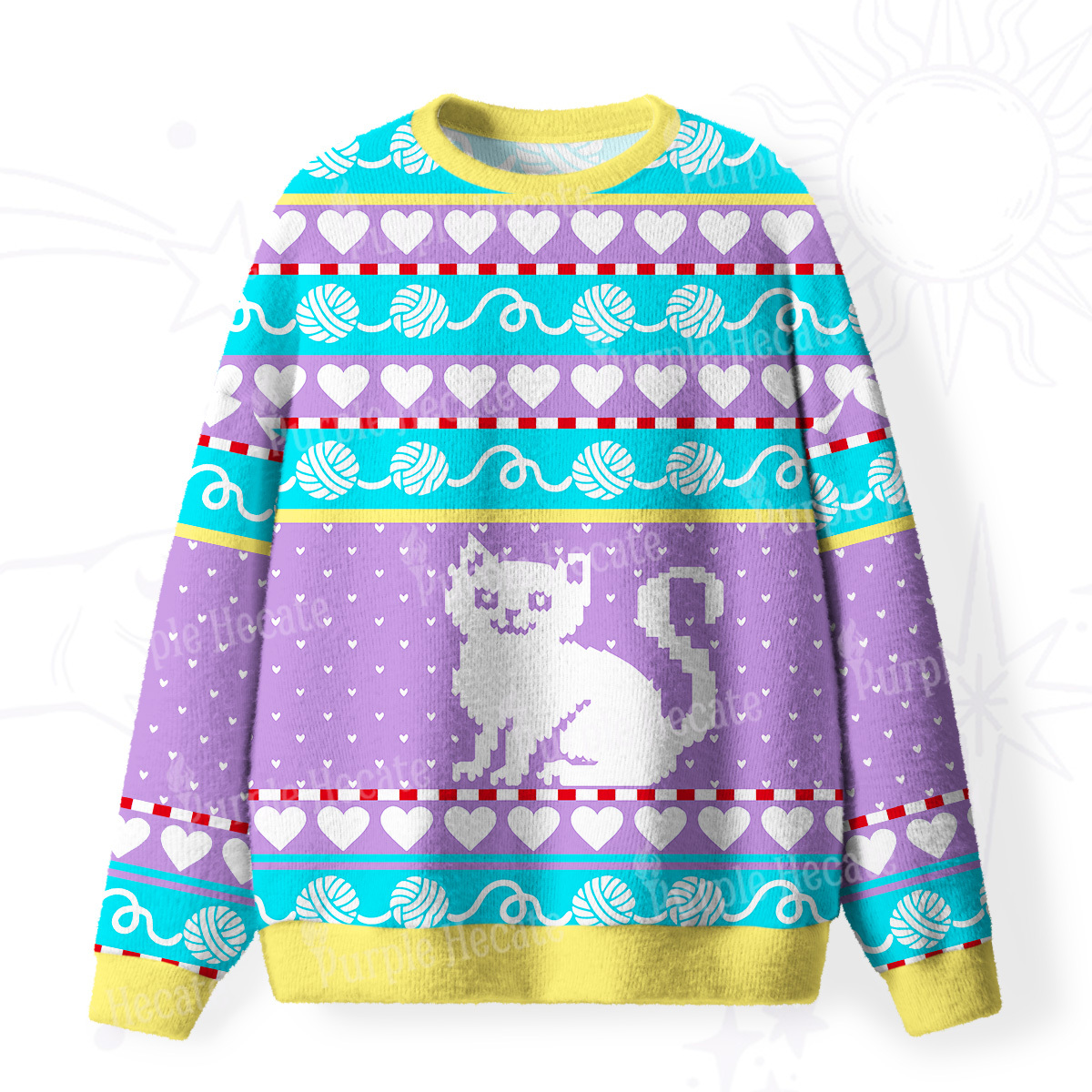 Purplehecate Whimsical Cat and Yarn Fuzzy Ugly Sweatshirt