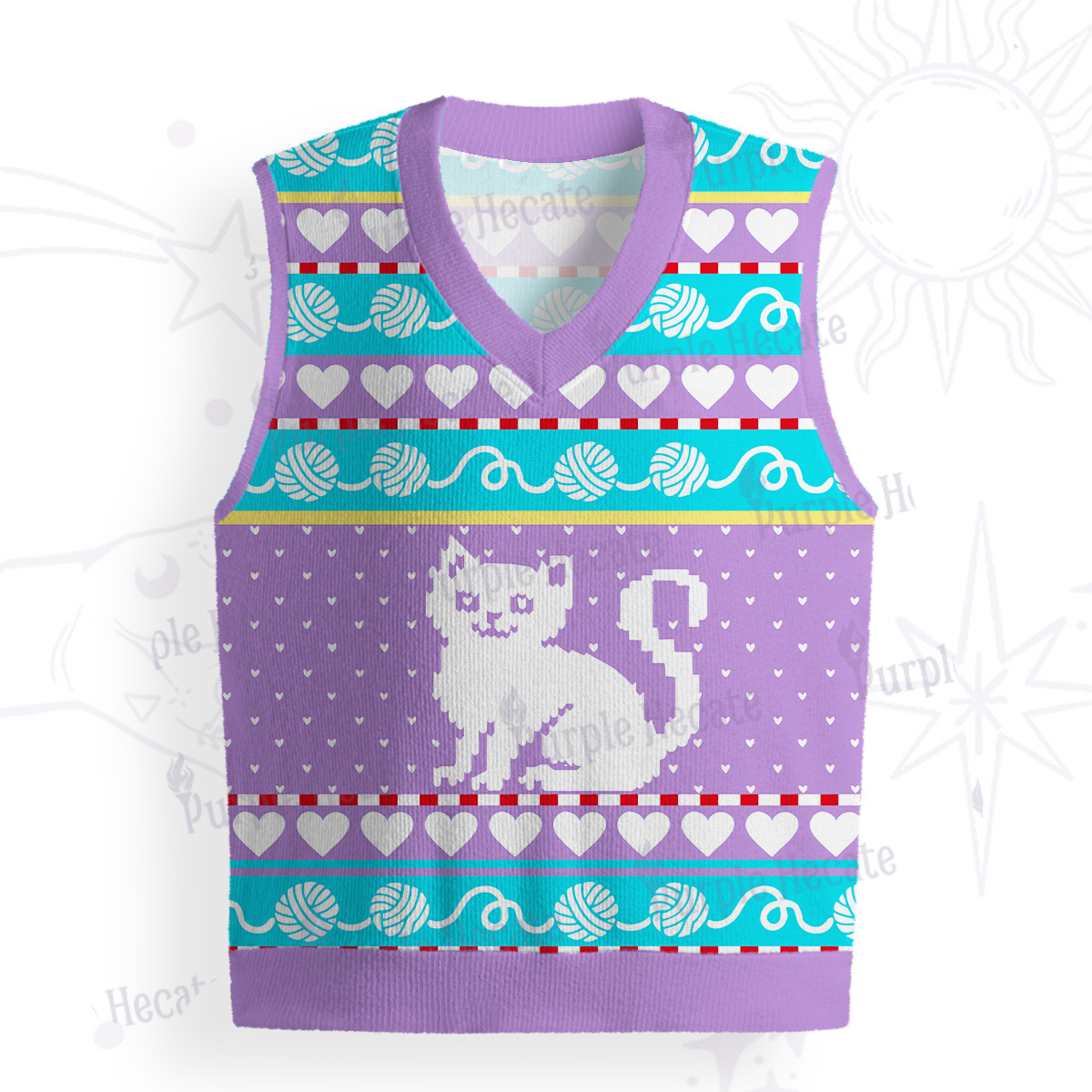 Purplehecate Whimsical Cat and Yarn Ugly Sweater Vest