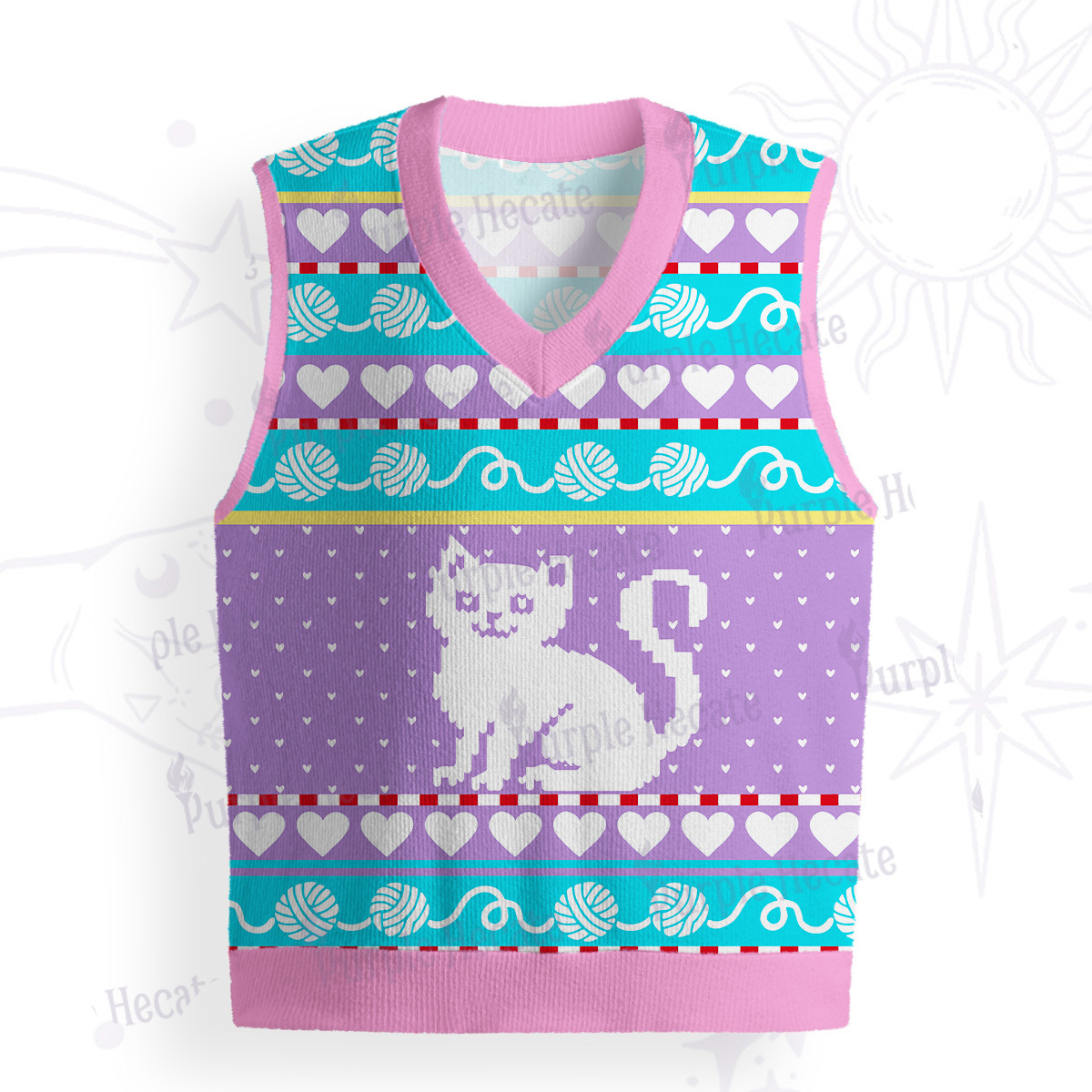 Purplehecate Whimsical Cat and Yarn Ugly Sweater Vest