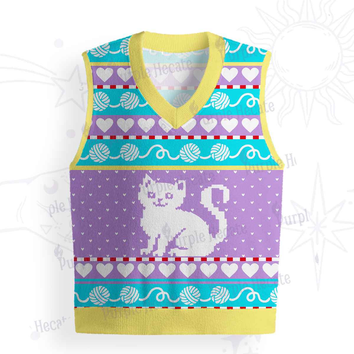 Purplehecate Whimsical Cat and Yarn Ugly Sweater Vest