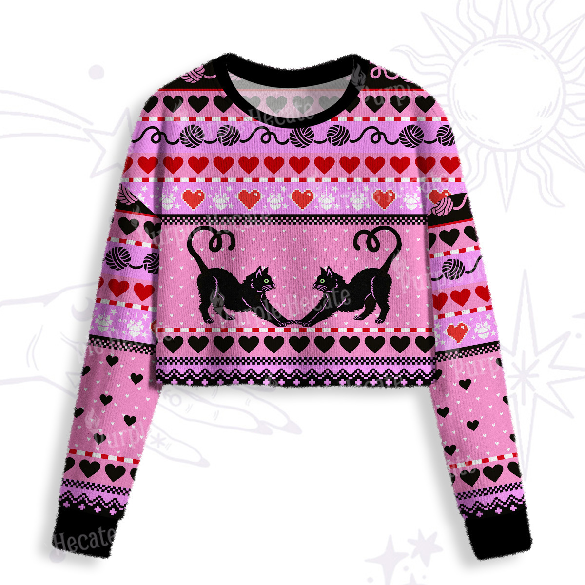 Purplehecate Sweet Black Cat Crop Fuzzy Ugly Sweatshirt